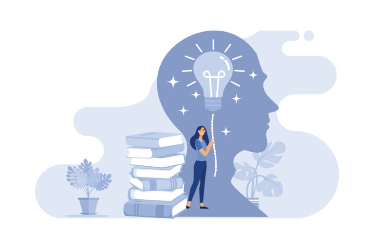 Illustration of a woman pulling a lightbulb switch inside a head silhouette, symbolizing curiosity and the pursuit of knowledge